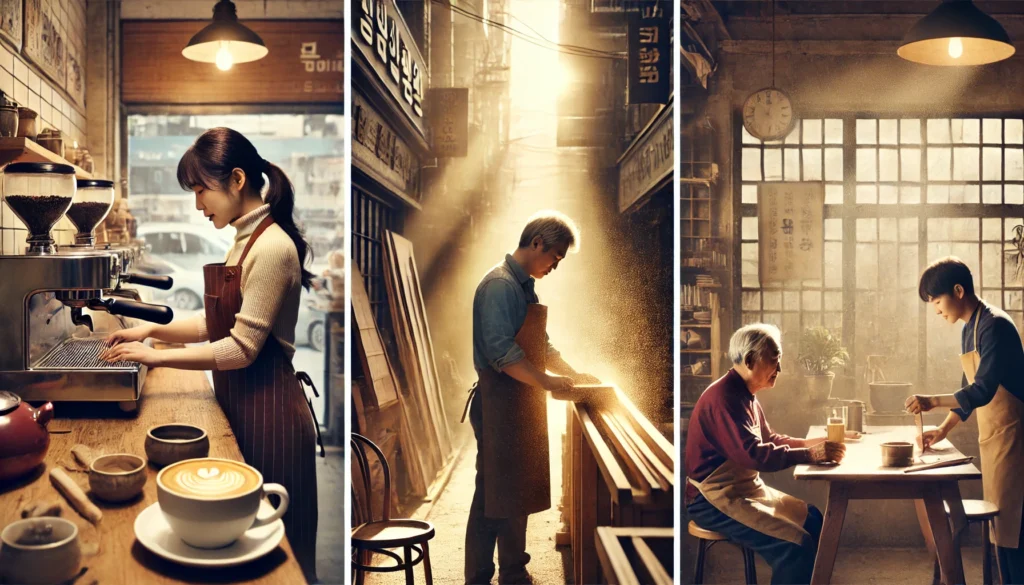 DALL·E 2025-11-25 23.14.33 - A new photorealistic 16_9 wide documentary-style collage blending three adjacent scenes of diverse Korean small business owners, shot with high-end ed